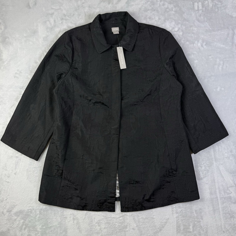 Chicos Topper Lightweight Jacket Coat NWT Size 2 (12/14) Black‎ Lined Classic